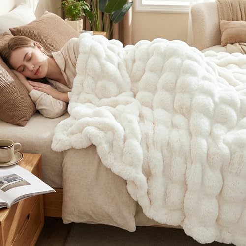 DREAMNINE Soft Faux Bubble Rabbit Fur Blanket Twin Size, Thick Cozy Decorative Warm Fuzzy Fur Blanket for Bed Couch Sofa Chair Bedroom Living Room Dorm Gift, 60 * 70 Inches, Cream White by DREAMNINE