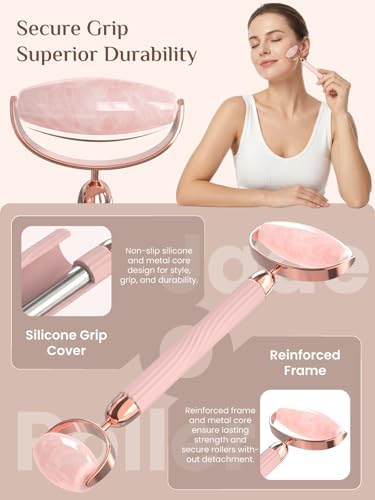 Rena Chris Gua Sha and Face Roller Set: Anti-Breakage Jade Roller for Long-Lasting Use, Jawline Sculpting and Puffiness Reducing, Gua Sha Facial Tools for Self Care Gift (Rose) - Image 3