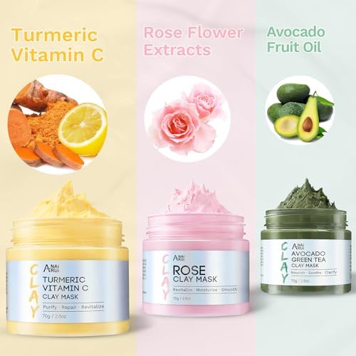 ANAI RUI 3 Pack Clay Mask Set, Rose,Turmeric, Avocado 2.5 oz Each - Image 2
