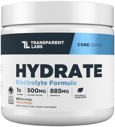 Transparent Labs Hydrate Naturally Sweetened Electrolytes Powder - Hydration Powder Electrolytes with Coconut Water, Calcium, Taurine, & Potassium - 40 Servings, Peach Mango by TransparentLabs