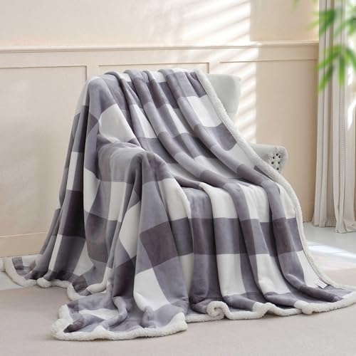 Gracelife Sherpa Blanket Throw Blanket for Couch Bed Sherpa Fleece Blanket Fluffy Checkered Soft Blanket for All Season Use Cozy Thick Warm Big Throws Twin (Grey-Soft White, 60"*80") - Image 3