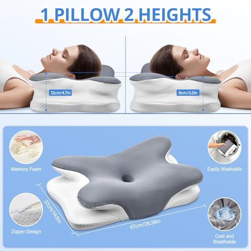 Cervical Neck Pillow, Ergonomic Memory Foam Pillows for Neck Pain Relief with Breathable Pillowcase, Adjustable Contour Neck Support Pillow for Side Back Stomach Sleepers, Gray - Image 3