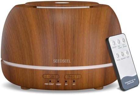 SEEDSEEL 300ML Essential Oil Diffuser with Remote Control,7 LED Colour Lights,4 Timer, Quiet,Ultrasonic Aromatherapy Diffuser for Bedroom, Living Room, Desk,Office by SEEDSEEL