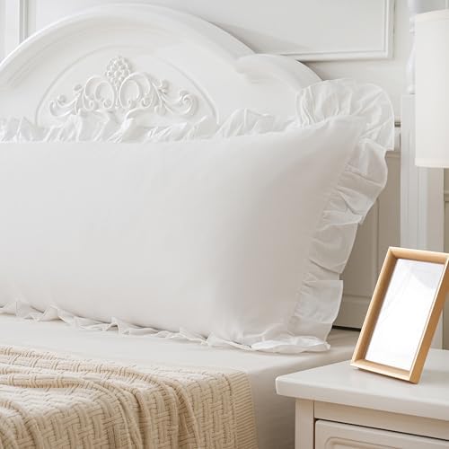 20x54 inches Off White Ruffled Body Pillow Cover 1 Piece Washed Cotton - Image 3