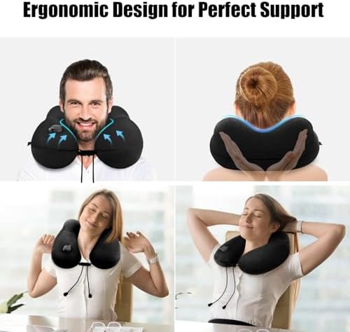 Inflatable Travel Neck Pillow for Airplanes, Super Soft Velvet Neck Support, Adjustable Firmness, Blow Up Plane Pillow for Long Flights, Road Trips, Travel Essentials with Eye Mask, Earplug - Image 2