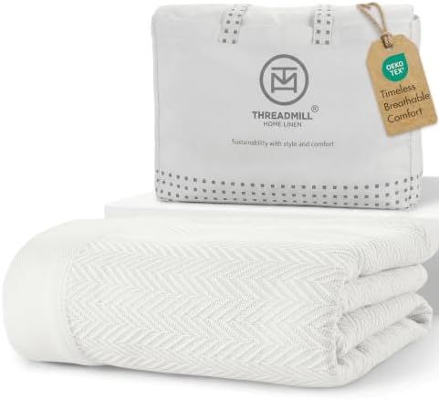 Threadmill Luxury 100% Cotton Queen Herringbone Blanket, Tusk White by ThreadmillHomeLinen