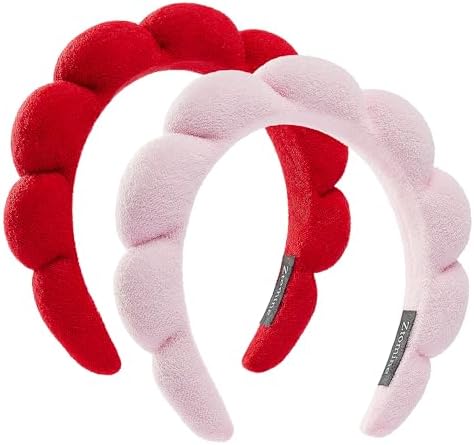 Ztomine Spa Headbands, Set of 2, Terry Cloth Headband Face Wash Headband Combo Pack - Puffy Makeup Headbands for Face Washing, Mask (Pink+Red) by Ztomine