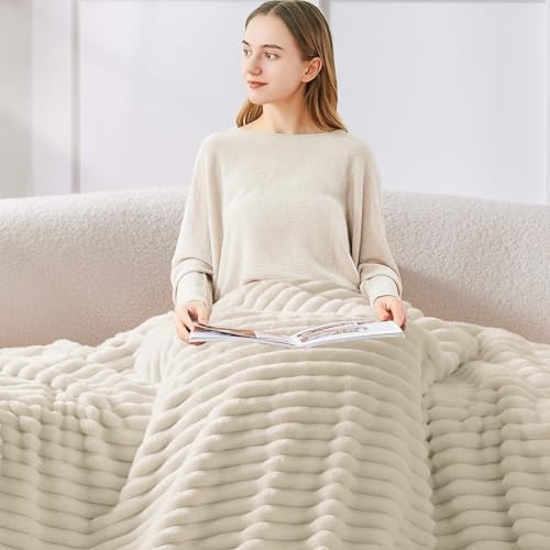 BEDELITE Ribbed Full Size Blanket for Bed, Beige, 84"x90" - Image 3