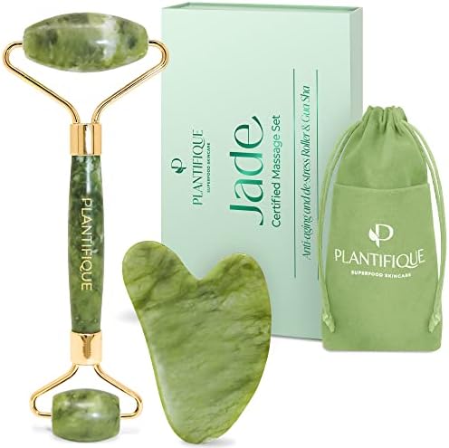 PLANTIFIQUE Jade Gua Sha Facial Tool & Face Roller Set - Giftable Box by Plantifique