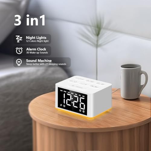 3-in-1 Sound Machine White Noise Machine Dual Alarms 12 Color Night Lights 30 Soothing Sounds 15 Wake Up Sounds 32 Volume for Baby Adults Kids Sleep Timer Memory Function Backup Battery Alarm Clock - Image 2
