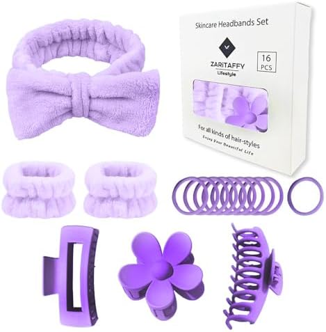 16pcs Skincare Headband Set, Headband Set for Face Washing Spa and Makeup, Including 1 Hairband, Wristband, 3 Hair Claw Clips and 10 Hair Ties, with Box, Gift for Women and Girls, Purple by Zaritaffy