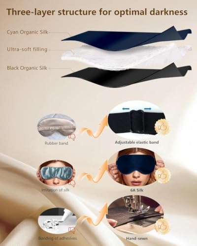 Silk Eye Mask for Sleeping - Soft Breathable Organic Natural Mulberry Silk Fabric Blackout Sleep Mask with Adjustable Straps No Pressure Eye Mask for Travel Essentials Gifts (Navy Blue) - Image 5