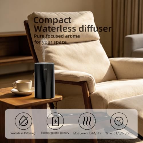 Waterless Essential Oil Diffuser, Portable Car Diffuser with Rechargeable Battery, Cordless Aromatherapy Diffuser for Home Office Bedroom, USB-C Nebulizing, 600 Sq Ft Coverage (Black) - Image 2