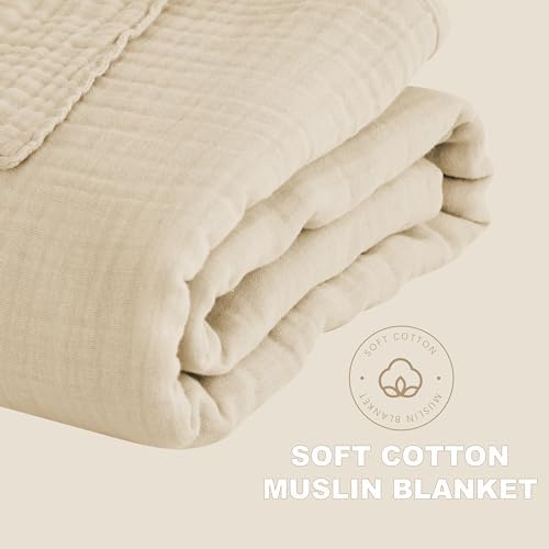 Cosy Family 4 Layer Muslin Bed Blanket - Breathable and Lightweight Gauze Boho Blanket for Spring, Soft 100% Cotton Muslin Blanket, Light Tan, 55x80 Inches - Image 7