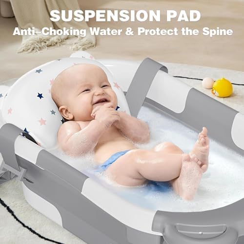 MoreFeel Collapsible Baby Bathtub for Newborn with Thermometer & 1 Hooded Towel & 1 Soft Floating Cushion,Portable Travel Bathtub with Drain Hole, Durable Foldable Baby Tubs for Infants to Toddler - Image 2