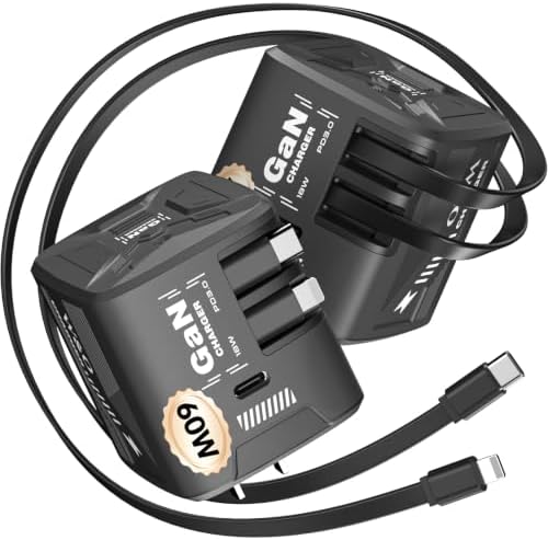 W & O 60W Gan Fast Charger Wall Plug, Built-in Retractable USB-C & L Cables by WO