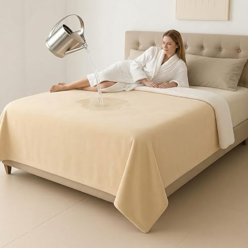Tisancy King Size Waterproof Blanket for Bed Couch, 80'' x 80'' Double Side Leakproof Reversible Sherpa Flannel Fleece 3-Layer Lightweight Blanket, Absorbs 70oz(Beige/White), Machine Washable by Tisancy