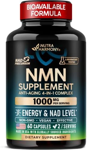 NMN Supplement - NMN w/ Resveratrol, TMG & Lycopene 1000mg - 60 Caps by NUTRAHARMONY