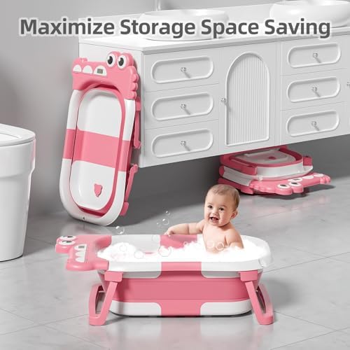 MoreFeel Collapsible Baby Bathtub for Newborn with Thermometer & 1 Hooded Towel & 1 Soft Floating Cushion,Portable Travel Bathtub with Drain Hole, Durable Foldable Baby Tubs for Infants to Toddler - Image 5