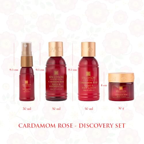 Spa Ceylon Ayurveda Cardamom Rose Discovery Set – 4-Piece Natural Uplifting Spa Gift Set with Himalayan Rose & Organic Ceylon Cardamom - Bath Gel, Body Lotion, Pillow Mist & Scrub - Image 3