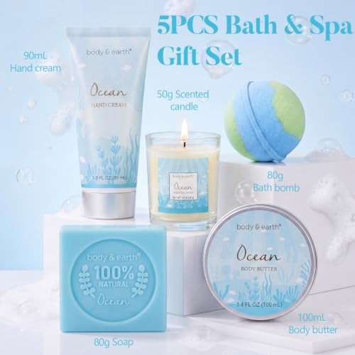 Gifts for Women, Bath and Body Womens Gift Sets with 5 Pcs Ocean Scented Spa Gifts for Women Bath Gift with Scented Candle Body Butter Hand Cream Bath Bomb Mothers Day Gifts - Image 2