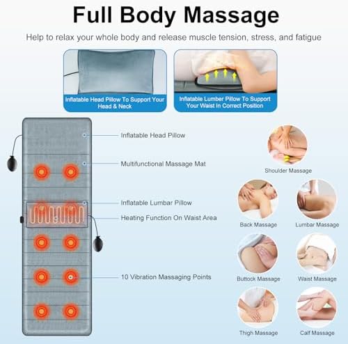 Moclever Full Body Massage Mat with Heat - 10 Motors, 3 Heat Pads, 9 Modes for Back & Leg Pain Relief - Electric Massage Pad with Lumbar Pillow - Image 6