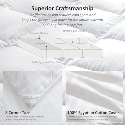 Luxurious All-Season Goose Down Comforter Duvet Insert, Exquisite Oversize Olympic Queen White Stripe Design, 98" X 98 ", 100% Cotton Down Proof Fabric, 75 oz. Fill Weight - Image 6