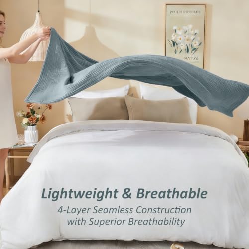 EMME Cotton Muslin Super King Blanket 4 Layer，Oversized Gauze Bedspread Coverlet, Soft Lightweight Breathable Layered Blanket for All Season (Heather Teal, 120"x94") - Image 7