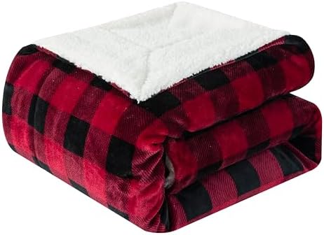 Elegant Comfort Luxury Ultra-Plush Velvet Touch Buffalo Plaid Fleece Throw - Soft, Warm, Cozy Micromink Sherpa-Backing Reversible Blanket for Bed, Sofa and Couch, Buffalo Burgundy by ELEGANTCOMFORT