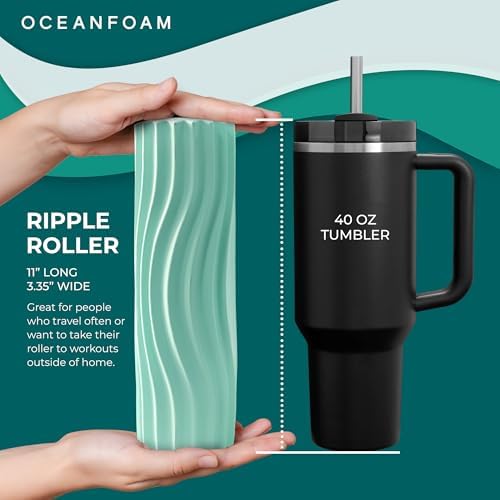 Oceanfoam Ripple Travel Foam Roller (11" x 3.35") Firm Mini Foam Roller for Physical Therapy, Deep Tissue Massage, Back Pain - High Density, Ergonomic Wave Textured - Yoga, Pilates, Exercise (Seafoam) - Image 2