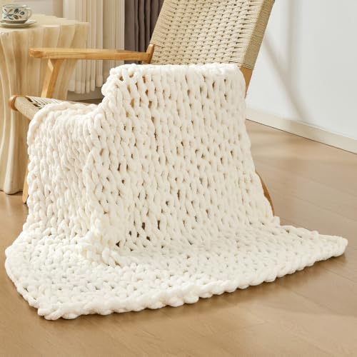 Bigacogo Chunky Knit Throw Blanket for Couch, 40x40 inches, Ivory by Bigacogo