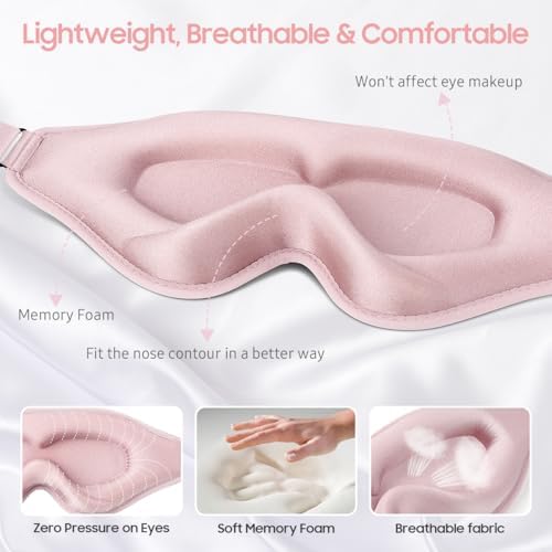 BeHoomi Sleep Mask, 2 Packs Premium Eye Mask for Sleeping, Total Blackout, Superior Soft Comfort, Upgraded 3D Ergonomic Designed Sleeping Mask for Home, Office, Travel, Meditation, Yoga, Black & Pink - Image 5