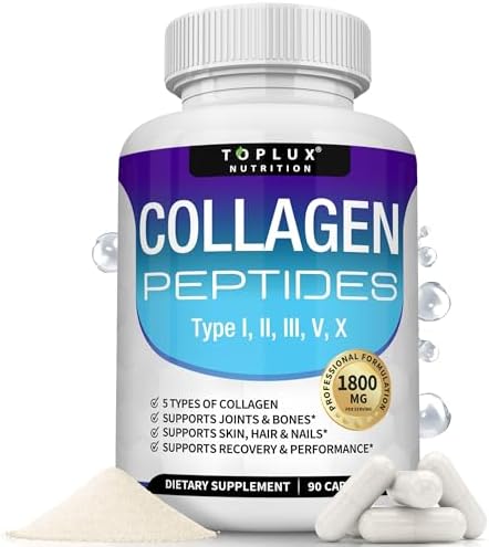 Toplux Multi Collagen Peptides Pills 1800 Mg Complex - Type I, II, III, V, X Premium Collagen Complex for Better Skin & Hair, Strong Joint, Hydrolyzed Protein, for Men Women, 90 Capsules, Supplement by Toplux