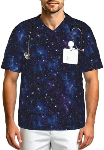 Men's Scrub Top,V-Neck Spill Wrinkle Resistant,3 Pockets-Space Galaxy (19) by Unknown