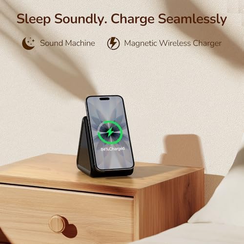 Housbay Sound Machine with Magnetic Wireless Charger for iPhone, 2-in-1 Design for Clutter-Free Nightstand, Dual-Speaker Stereo Sound for Sleeping - Black - Image 2