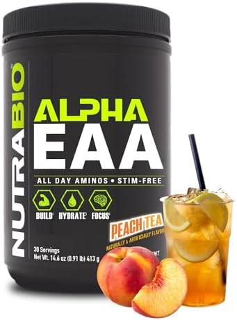NutraBio Alpha EAA - All-Day Amino Acids for Muscle Growth and Hydration - Essential Amino Acids with Nootropics & Adaptogens- Full Spectrum EAA BCAA Powder - 30 Servings - Peach Tea by NutraBio