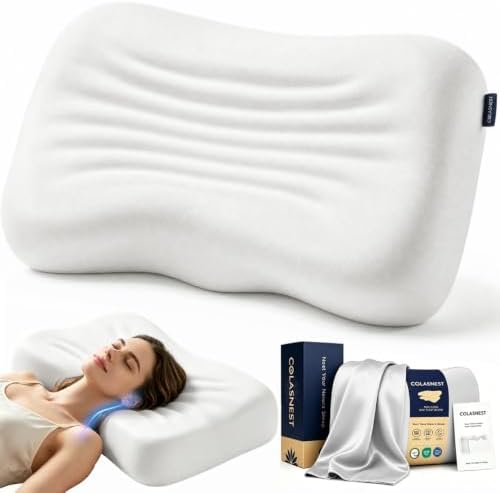 Cervical Pillow for Neck Pain Relief, Medium Loft Countor Memory Foam Pillow for Small Frames Mixed Side Back Stomach Sleepers, with Neck Support, Washable Cover, CertiPUR-US & Oeko-TEX, Standard Size by COLASNEST