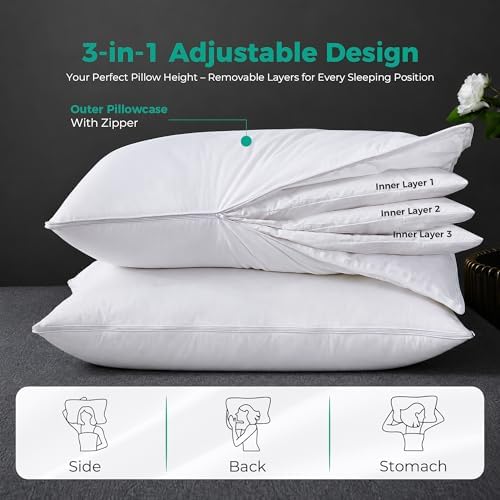 Three Geese Adjustable Layer Goose Feather Pillow,Assemblable Bed Pillow,100% Soft Cotton Cover,Good for Side and Back Stomach Sleeper, Standard/Queen Size,Packaging Include 2 Pillows. - Image 2