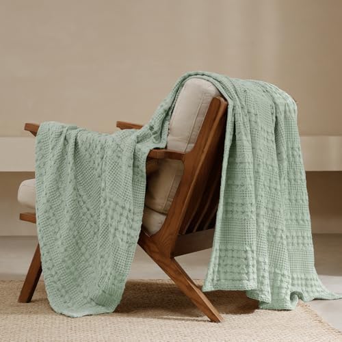 PHF Lightweight 100% Cotton Waffle Throw Blanket for Couch, Mint Green by PHF
