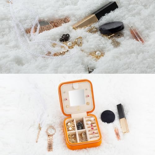 ZPROW Plush Velvet Travel Jewelry Case, Travel Jewelry Organizer, Jewelry Travel Case, Travel Jewelry Box, Small Jewelry Case, Jewelry Travel Box, Earring Organizer with Mirror - Orange - Image 4
