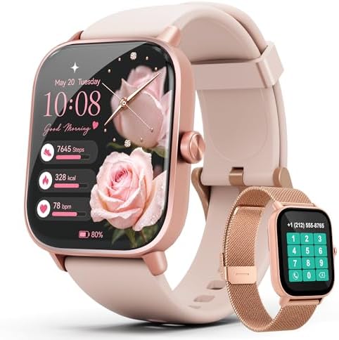 Pink Smart Watch for Women Android & iPhone, 1.83" HD Touchscreen, 24/7 Heart Rate, Sleep & Fitness Tracker, Answer/Make Calls/100+ Sports Modes/Message Reminder, IP68 Waterproof, Pedometer, 2 Bands by VAPARINCKL