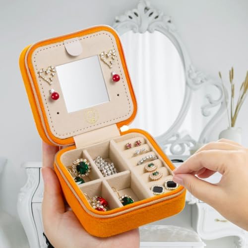 ZPROW Plush Velvet Travel Jewelry Case, Travel Jewelry Organizer, Jewelry Travel Case, Travel Jewelry Box, Small Jewelry Case, Jewelry Travel Box, Earring Organizer with Mirror - Orange - Image 2