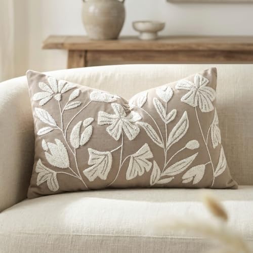 BlissBlush Decorative Lumbar Pillow Cover 12x20, Light Taupe Accent Velvet Throw Pillowcase for Couch Sofa Living Room, Floral Tufted Rectangular Cushion, Cover Only by BlissBlush