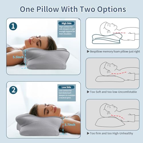 Cervical Pillow for Neck Pain Relief, Ergonomic Neck Pillow for Sleeping, Contour Side Sleeper Pillow for Neck Support, Orthopedic Cooling Memory Foam Pillows for Back Stomach Sleepers (Grey& White) - Image 5