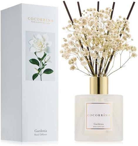 COCORRÍNA Reed Diffuser - Gardenia 6.7 Fl.oz Reed Diffuser Set with Sticks & Preserved Baby's Breath, Reed Diffuser for Home Bathroom Shelf Decor by COCORR%C3%8DNA