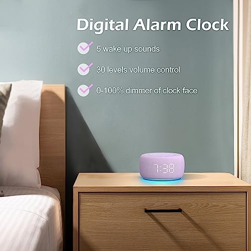 Buffbee Sound Machine & Alarm Clock 2-in-1, 0-100% Clock Face Brightness, Bottom Colored Light, Sleep Timer, Precise 30-Level Volume White Noise Machine, Digital Alarm Clocks for Bedrooms - Purple - Image 6