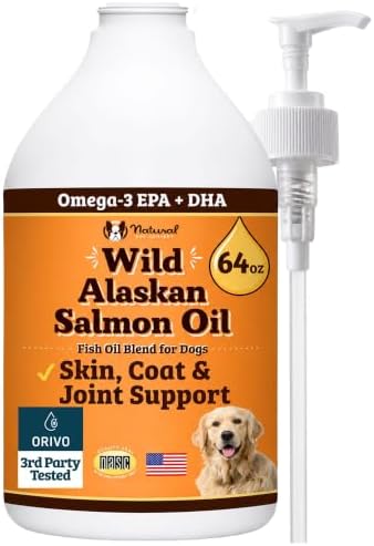 Natural Dog Company Wild Alaskan Salmon Oil for Dogs - Bulk Omega 3 Fish Oil Supplements with EPA & DHA, Half Gallon Value Size for Multi-Dog Homes, Skin Coat Joint & Heart Support, 64 oz by NaturalDogCompany