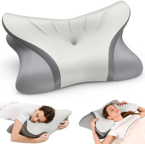 Pain Relief Cervical Neck Pillow, Ergonomic Contour | Q-Max Cooling | Non-Temperature Memory Foam | Side/Back/Stomach Sleeper Support for Sleeping, Reading, Scrolling (Light Grey & Dark Grey) by HOBEST