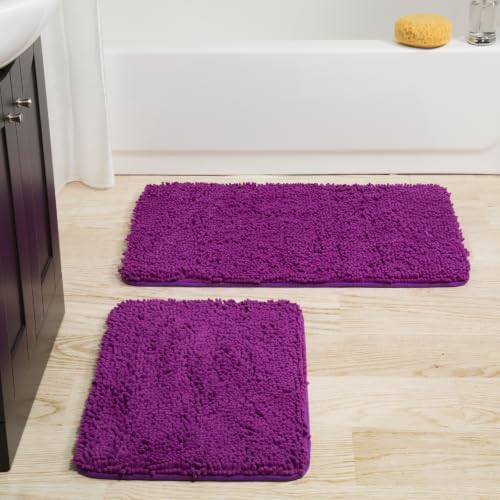Home Bedford 2 Piece Memory Foam Shag Bath Mat Set - Absorbs Moisture, Dries Quickly, Non Slip Bathroom Rug, Water Absorbent Carpet, Machine Washable - Purple by Unknown