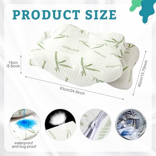 Hahafelt Cooling Cervical Pillowcase (Only Pillowcase) Waterproof Bamboo Neck Pillow Case Ergonomic Pillow Case Cover with Zipper for Side Back Stomach Sleepers(Queen Size,White Green) - Image 2